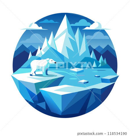 A polar bear stands on a rocky ledge overlooking a body of water 118534190