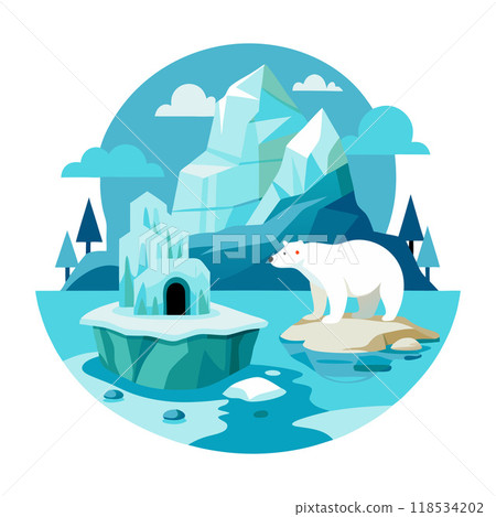 A polar bear stands on a rock in front of a mountain 118534202