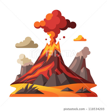 A volcano with a red and orange lava flow A volcano with a red and orange lava flow 118534203