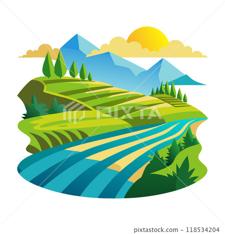 A mountain range with a river running through it A mountain range with a river running through it 118534204