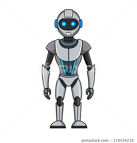 A robot with blue eyes stands on a white background A robot with blue eyes stands on a white background 118534216