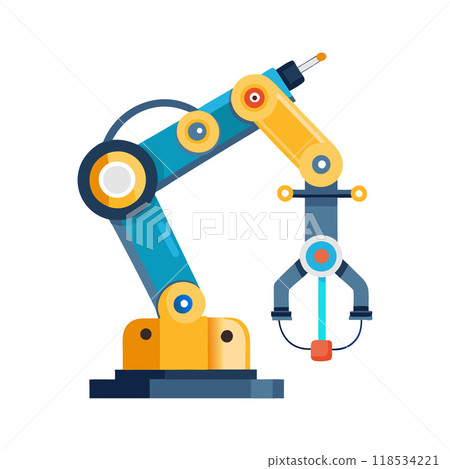 A robot with a yellow and blue body is holding a tool 118534221