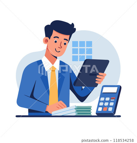 A man in a suit is sitting at a desk with a tablet and a calculator 118534258
