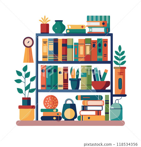 A colorful bookshelf with a clock on the left side 118534356