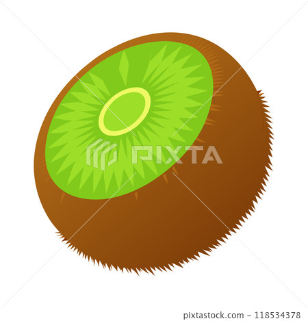 A green and brown kiwi fruit with a green stem 118534378