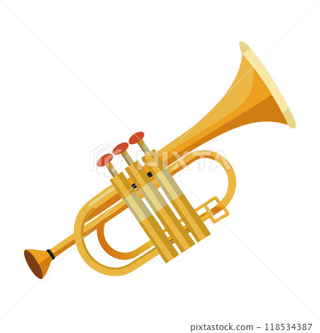 A large golden trumpet with three red buttons on the top A large golden trumpet with three red buttons on the top 118534387