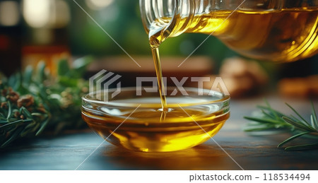 Olive oil being poured into a small glass bowl on a wooden kitchen counter surrounded by herbs Olive oil being poured into a small glass bowl on a wooden kitchen counter surrounded by herbs 118534494