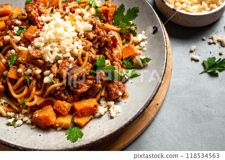 Pumpkin and Beef Bolognese Spaghetti Pasta 118534563