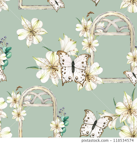 Watercolor seamless pattern with white flowers, window and Butterflys. Vintage blue background with composition of Lilies. Floral botanical illustration for textile, scrapbooking paper, design 118534574