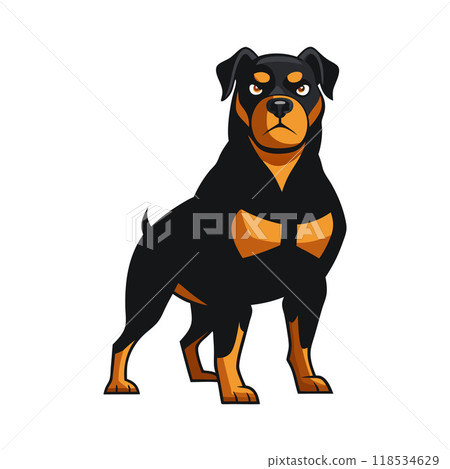 A cartoon dog with a black and brown coat stands in front of a white background A cartoon dog with a black and brown coat stands in front of a white background 118534629