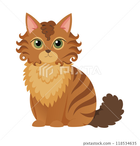 A cat with a fluffy tail and a green eye is sitting on a white background 118534635