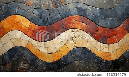 Textured abstract design featuring wavy patterns in black, gold, and orange tones on a wall surface Textured abstract design featuring wavy patterns in black, gold, and orange tones on a wall surface 118534679