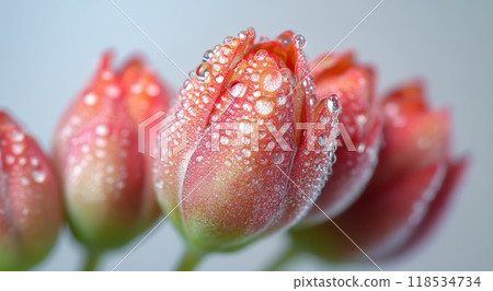 Fresh pink flower buds covered in morning dew in a serene garden during springtime 118534734