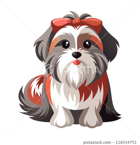 A cute dog with a red bow on its head 118534751