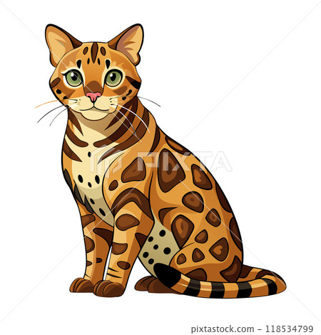 A cat with a green eye is sitting on a white background 118534799