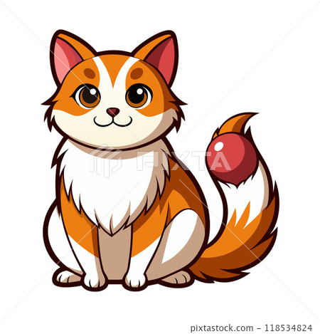 A cartoon cat is sitting on a white background with a red ball in its mouth 118534824