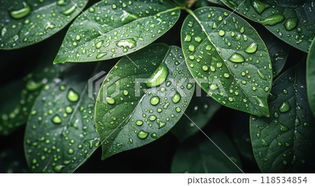 Fresh green leaves covered in raindrops glisten in a lush garden setting after a recent shower 118534854