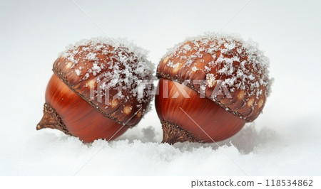 Frosty acorns resting on a snowy surface during a winter afternoon 118534862