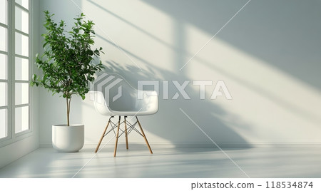 Modern interior design featuring a chair and a potted plant by a sunlit window 118534874