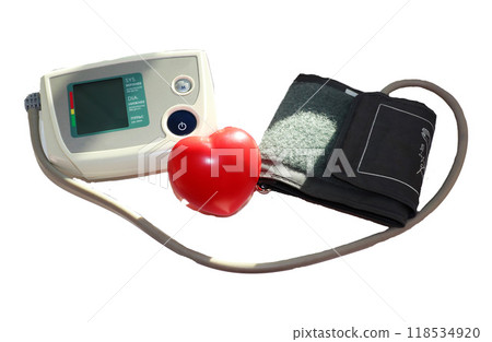 Electronic tonometer with the display turned off, with a cuff and a hand-held heart-shaped trainer - a medical device for measuring blood pressure, a color photo on a white background, isolate for 118534920