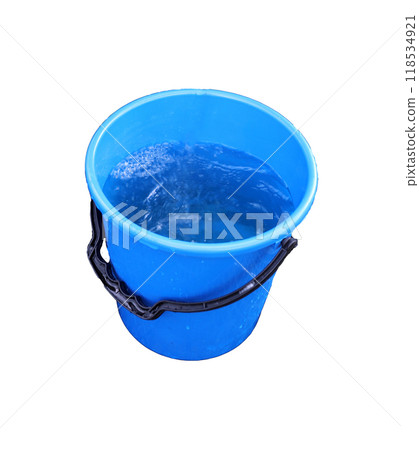Blue plastic bucket with clean water - color photo on white background, isolate for design. 118534921