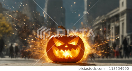 Halloween pumpkin head ready to explode, city center scenery, conceptual Halloween illustration.	 118534990