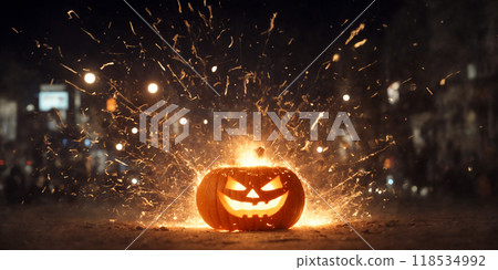 Halloween pumpkin head glowing from within with bright yellow light, ready to explode, night scenery, conceptual Halloween illustration.	 118534992