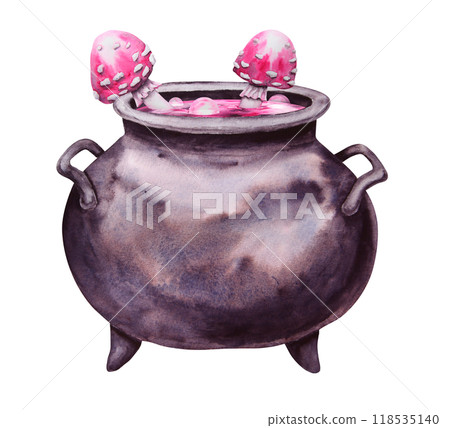 Black cast iron cauldron with pink potion and poisonous mushrooms, fly agaric. Esoteric attribute of a witch, sorcerer. Clipart for Halloween, Sabbath, theme party. Watercolor hand-drawn illustration 118535140