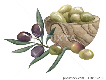 Wooden bowl with olives and olive branch. Watercolor illustration on white background in brown, green, purple shades in botanical style. For packaging design, menu, posters, cafes, holidays, postcard. Wooden bowl with olives and olive branch. Watercolor illustration on white background in brown, green, purple shades in botanical style. For packaging design, menu, posters, cafes, holidays, postcard. 118535210