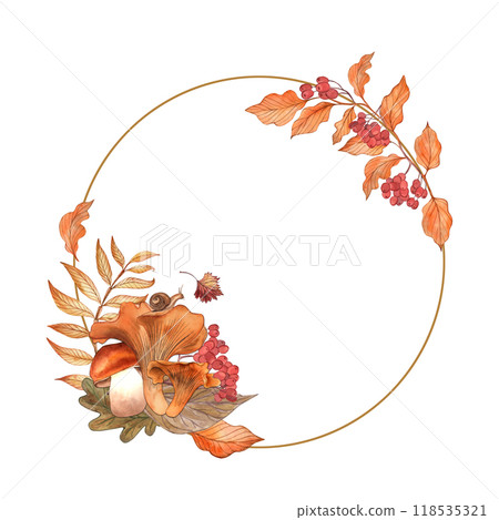 Round frame with mushrooms, leaves, branches, rowan berries. The autumn illustration is hand-painted in watercolor in a botanical style. For the design of holidays, events, postcards, packaging 118535321