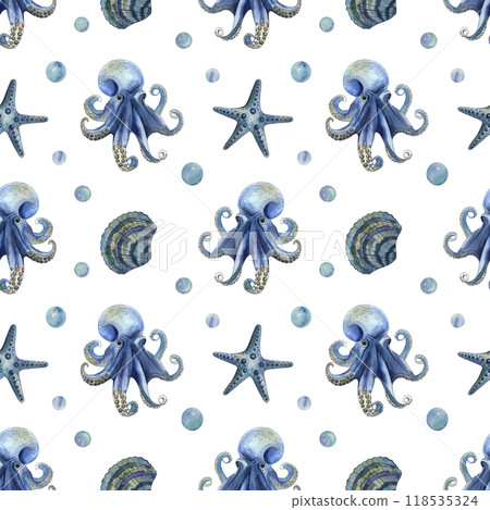 Seamless pattern with octopus shell, starfish, water bubbles. Hand-drawn watercolor illustration on white background in blue, light blue, emerald, yellow shades. For fabric, textile, wallpaper design 118535324