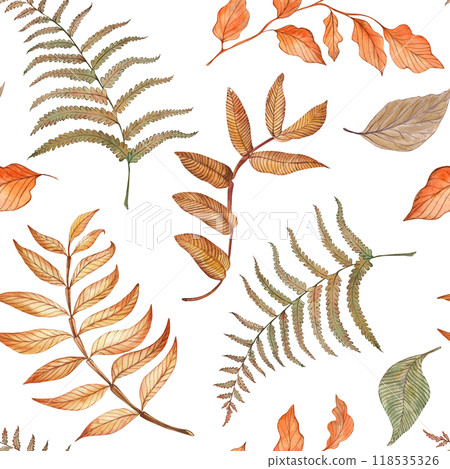 Seamless pattern with forest autumn leaves, rowan branches, fern. Illustration is hand-drawn with watercolor in orange, yellow, green, brown shades. For fabric, wallpaper, packaging, Thanksgiving. 118535326
