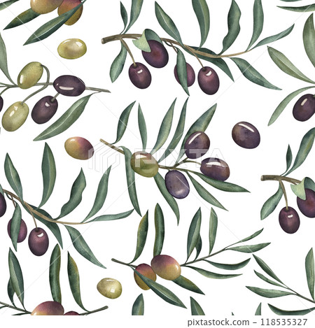 Seamless pattern with branches leaves fruits olive. Hand drawn watercolor illustration on white background in green purple pink shades in botanical style. For design fabrics textiles wallpapers. 118535327