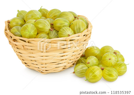 Green gooseberry in a wicker basket isolated on white background with full depth of field. Green gooseberry in a wicker basket isolated on white background with full depth of field. 118535397