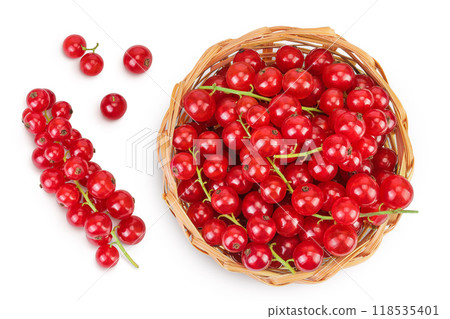 Red currant berries in a wicker basket with leaf isolated on white background. Top view. Flat lay 118535401