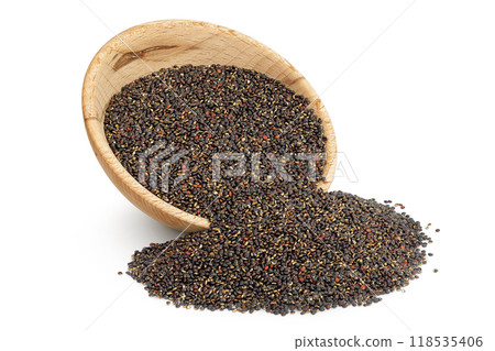 black quinoa in wooden bowl isolated on white background 118535406
