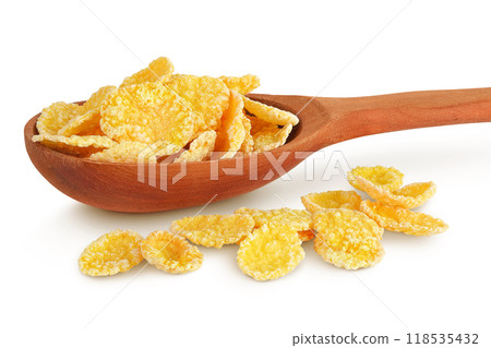 Cornflakes in wooden spoon isolated on white background. 118535432