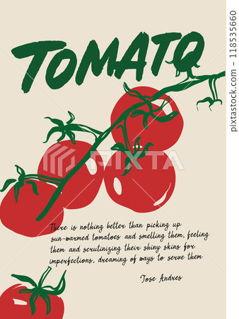 Vector poster with Mediterranean tomatoes. Tomatoes kissed by the Mediterranean sun. Hand-drawn card isolated on beige background. Tasty food for design, print, fabric or background. 118535660