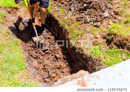 Worker digging trench with shovel for drainage pipe 118535673