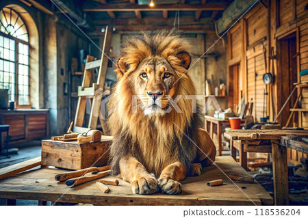 Handsome lion sits on a workbench in a carpentry workshop 118536204
