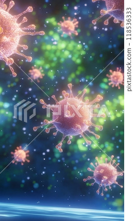 Realistic Microscopic Molecular 3D Medical Background. Pathological Viruses and Bacterias Microbiology Banner for Medicine Designs. 118536333
