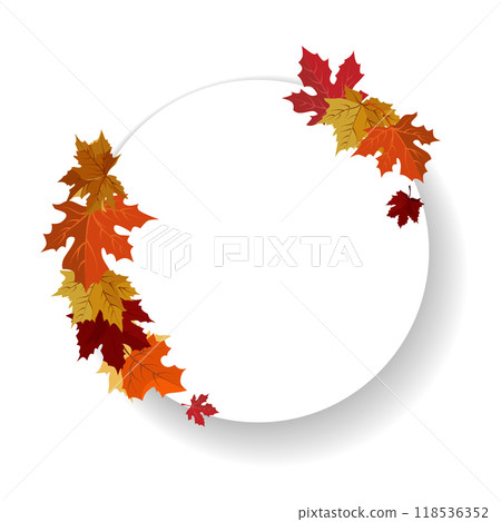 Vector isolated round frame of yellow dry autumn leaves. Border for text. Flat clipart for design 118536352