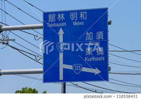 Road sign for National Route 125 and National Route 122 intersecting in Hanyu City, Saitama Prefecture 118536431