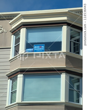 San Francisco, California, USA - 09.20.2024: Election posters on the windows of houses in the city. Elections 2024. Harris. San Francisco, California, USA - 09.20.2024: Election posters on the windows of houses in the city. Elections 2024. Harris. 118536443