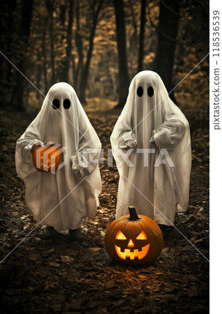 Halloween greeting card. Two ghosts and a pumpkin 118536539