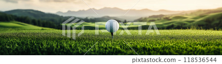 Golf banner. Golf ball on the tee in a beautiful green landscape Golf banner. Golf ball on the tee in a beautiful green landscape 118536544