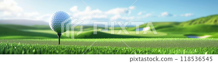 Golf banner. Golf ball on the tee in a beautiful green landscape 118536545