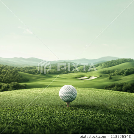 Golf banner. Golf ball on the tee in a beautiful green landscape 118536548
