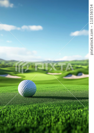 Golf banner. Golf ball on the tee in a beautiful green landscape Golf banner. Golf ball on the tee in a beautiful green landscape 118536554