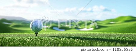 Golf banner. Golf ball on the tee in a beautiful green landscape 118536556